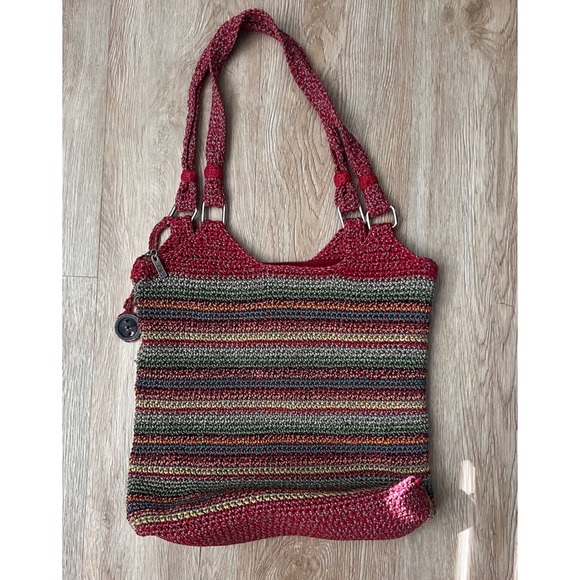 The Sak Handbags - The Sak Crochet Striped‎ Shoulder Bag Red Multi Color Zip Pocket Tote Handbag